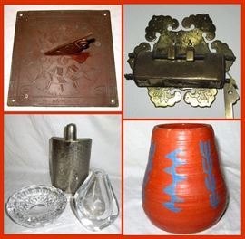 Sundial, Fancy Lock, Aluminum Flask, Waterford Ashtray, Signed Vase, and Cool Pottery 