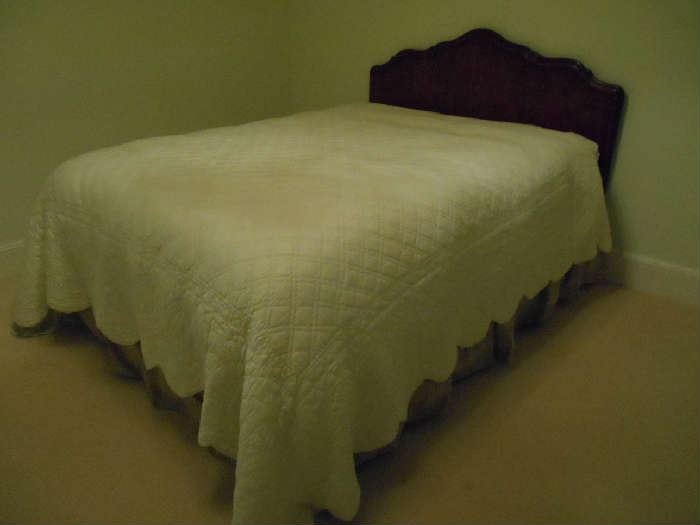 Bedroom #4-Upstairs:  The pale green Queen-King -size bedspread is now shown without the additional pillows.  The Queen pillow-top mattress set is also for sale.  The undulating Country French Queen size headboard and bed frame are for sale, too!