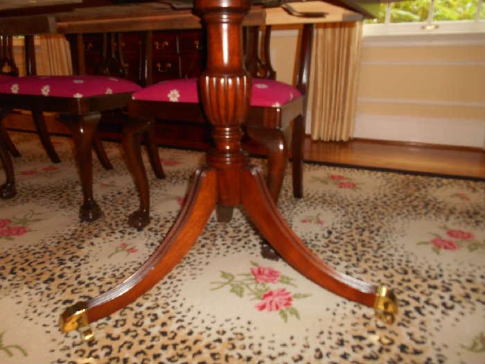 Dining Room:  This is an image of the COUNCILL CRAFTSMEN table's [one of  two] Duncan Phyfe style pedestals.  The legs have brass caps and casters.