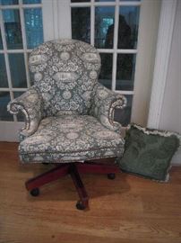 Sun Room:  We pulled this darling green/cream toile office chair with nail-head trim (HICKORY CHAIR) out of the office.  It is on casters and rolls and swivels.