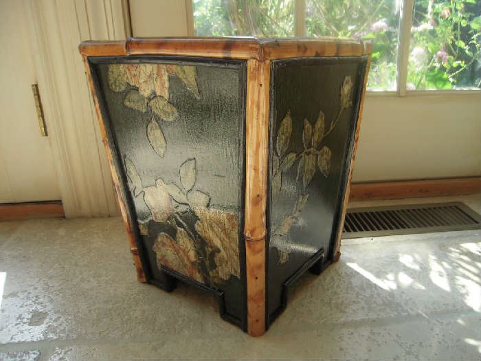 Sun Room-Atrium:  The painted waste basket (11-l/2" square x 14-l/2" tall) was purchased at The WOMEN'S CLOSET EXCHANGE in Ladue.