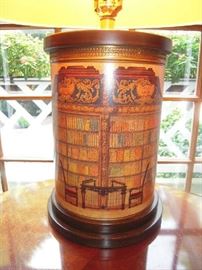 Library-First Floor:  On top of the BAKER book table is a canister shape lamp with a library/book design.  it measures 29-1/2" tall to the finial.