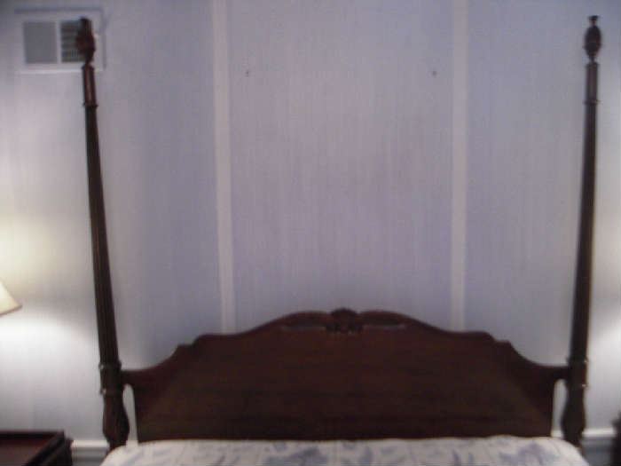Bedroom #2-Upstairs:  Shown is a photo of the DREXEL queen side headboard with the pillows removed.  It has two tall posts that match the two-post footboard.