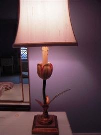 Bedroom #3-Upstairs:  One of a pair of 28" tall metal tulip lamps rests on the BAKER chest.