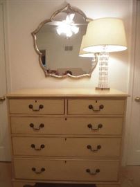 Apartment-Upstairs Bedroom:  The five-drawer chest is by SOMERSET BAY and is 43" wide x 22" deep x 41" tall.  It is under a silver lobe mirror (34" wide x 32" tall) and displays a Lucite 27" tall lamp.