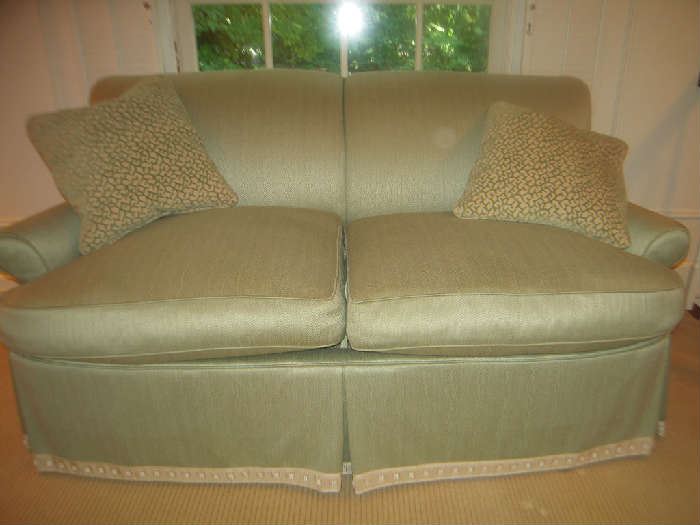 Apartment-Upstairs:  The pale green sofa is by O. HENRY HOUSE, LTD. and measures 64" wide. The two toss pillows match an upcoming side chair and are priced separate from the sofa.
