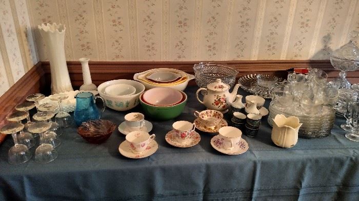 Vintage mixing bowls, English cups an saucers, luncheon plates and cups, pressed glass