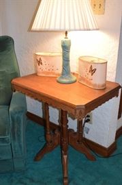 Oak Side Table, Van Briggle Lamp and Lamp Shades