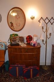 Floor Lamp, Small Dresser, Oval Mirror, vintage luggage