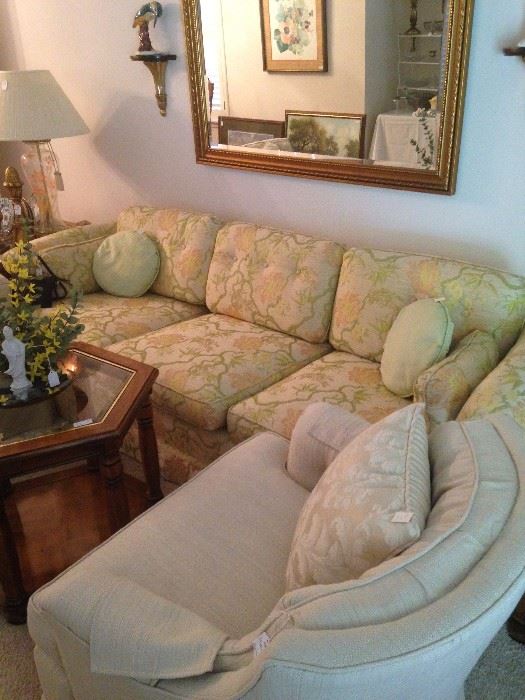 Another sofa and club chair; framed mirror