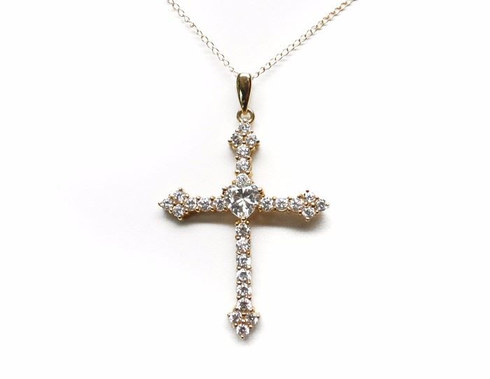 14K GOLD CZ ACCENTED CROSS PENDANT ON 14K CHAIN