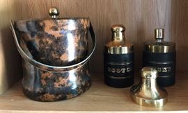 Vintage ice bucket, brass and glass in leather decanters