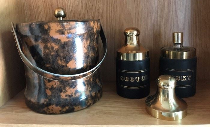  Vintage ice bucket, brass and glass in leather decanters 