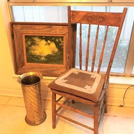 Delhart Winberg print , Old Texas oak chair with leather cushion