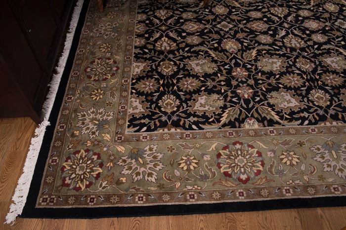 Hand-Knotted Indo-Persian Sage and Onyx Wool Area Rug