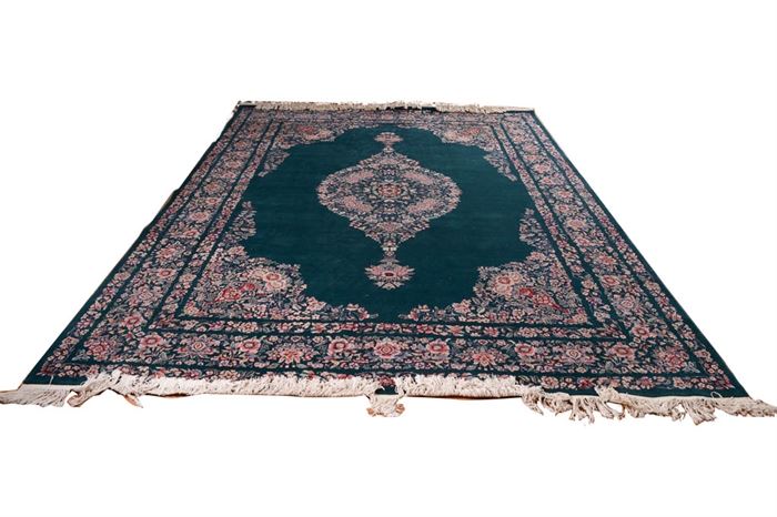 Hand-Knotted Jade Green Floral Wool Area Rug