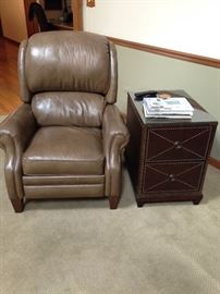 leather recliner, pair of leather side tables