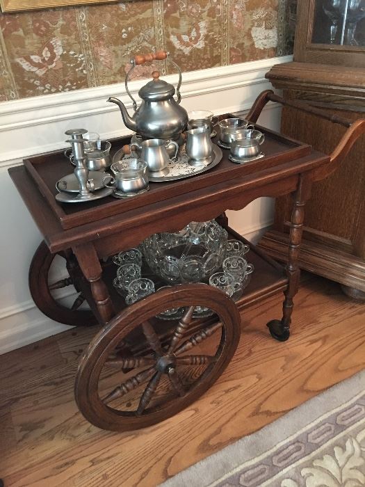 Rolling Tea Cart, Pewter Tea Service