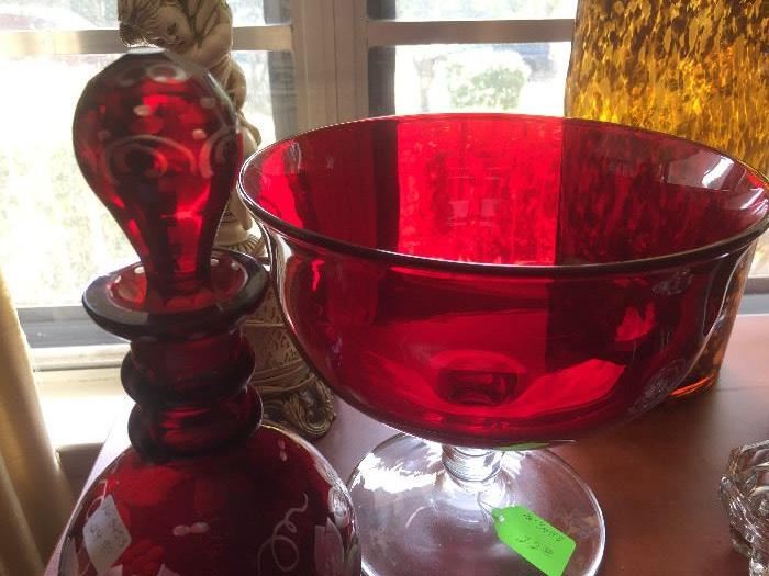 Ruby red pedestal bowl, red cut crystal decanter 