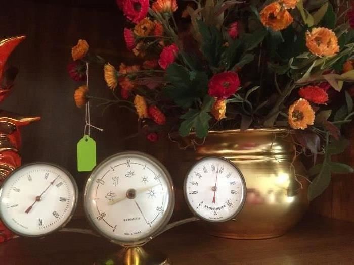 Floral arrangement in brass planter, made in France vintage barometer  
