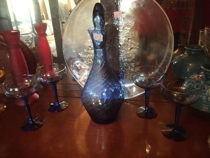 Blue decanter and wine glasses 