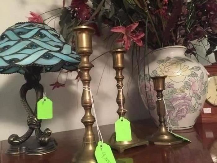 Brass candle sticks, stain glass table lamp 