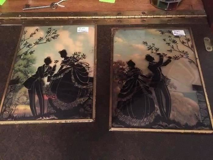 Antique silhouette pictures painted on convex glass