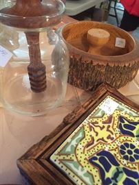 Mexican tile, vintage honey jar, vintage nut bowl