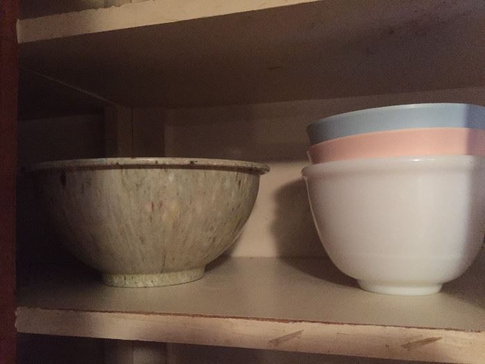 Vintage Melmac mixing bowl, vintage milk glass mixing bowl, vintage pink and blue mixing bowls