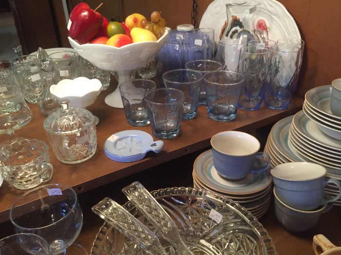 Cut glass, blue glasses, milk glass, Studio Nova, fashion Tones, Triple Play, made in Japan, dishes 