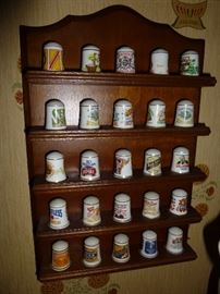 Porcelain Franklin Mint Country Store Thimbles with display wall unit