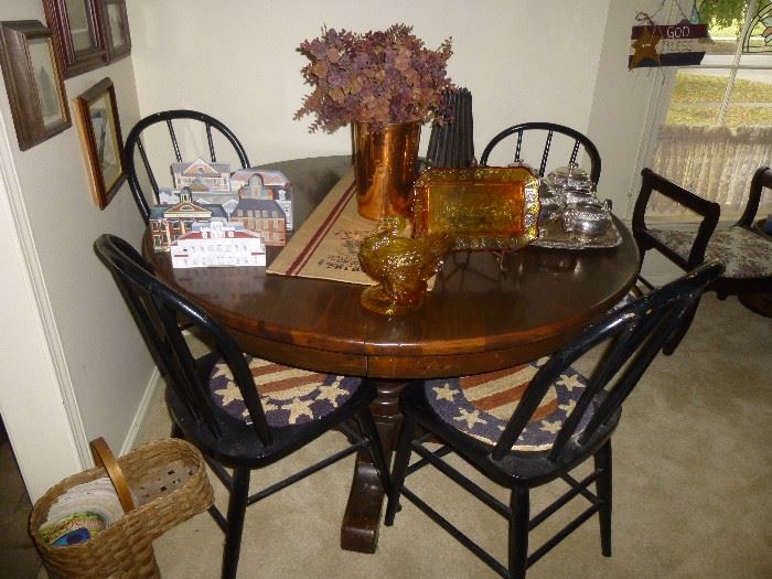 Vintage Round Pedestal Table with 4 Black Bow Back Windsor Style Chairs       (Table only sold) Chairs still available