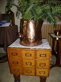 Vintage Oak 9 Drawer Library Card Catalog File table, and large Cowboy copper coffee pot planter