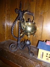 Vintage wrought iron teapot stand and warmer with brass teapot