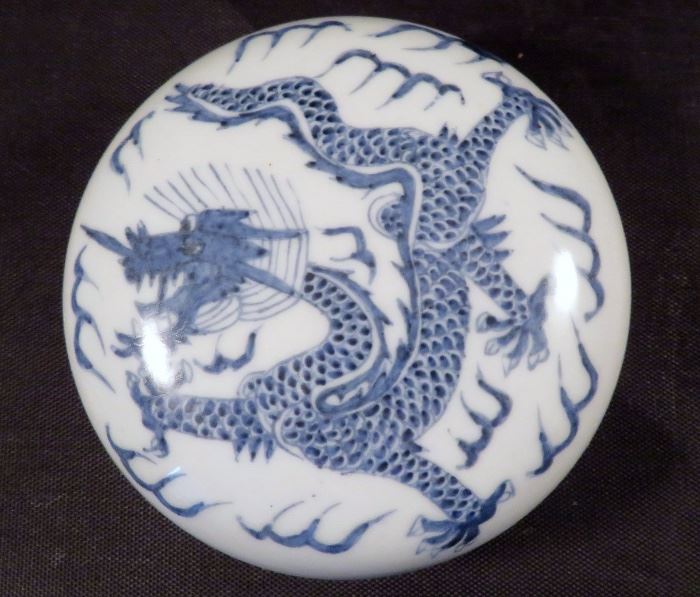 Chinese Blue & White Porcelain Imperial Dragon Scholar's Ink or Cosmetic Box Marked Qianlong