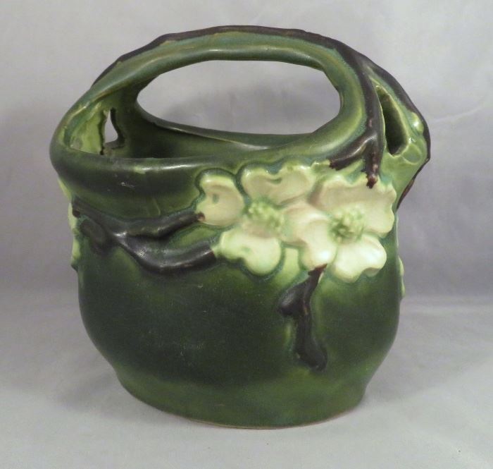 Rare Arts & Crafts Roseville Art Pottery Green "Dogwood I" Basket 