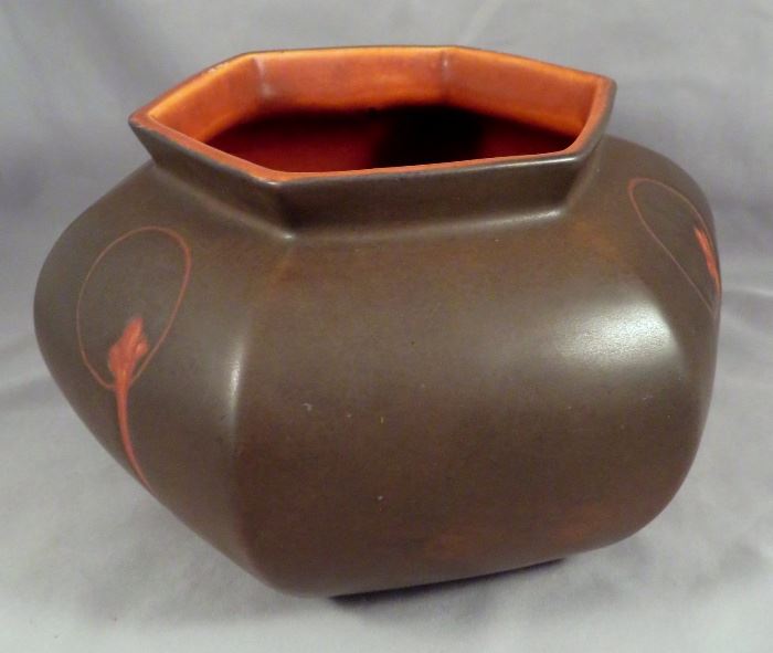 Rare Art & Crafts Roseville Art Pottery "Rosecraft - Hexagon" Vase in Brown