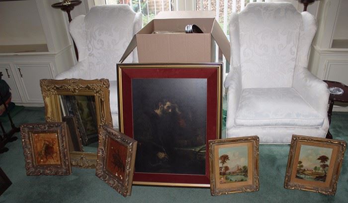 Antique Mirror and Artwork, Pair of Wing Back Chairs