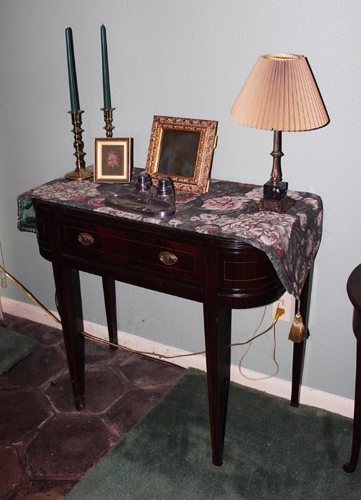 Side Table, Candle Sticks, Lamps, Inkwell, Artwork