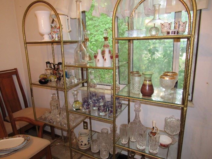 Glass and brass shelving, Retro glassware