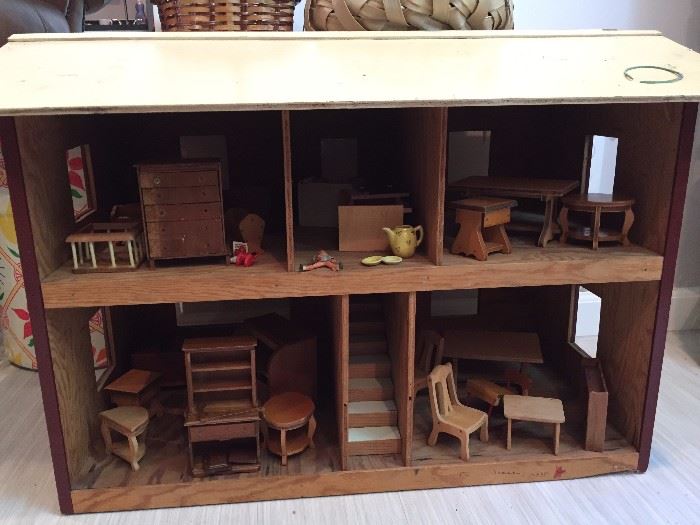 Vintage Hand Made Wooden Doll House with Accessories