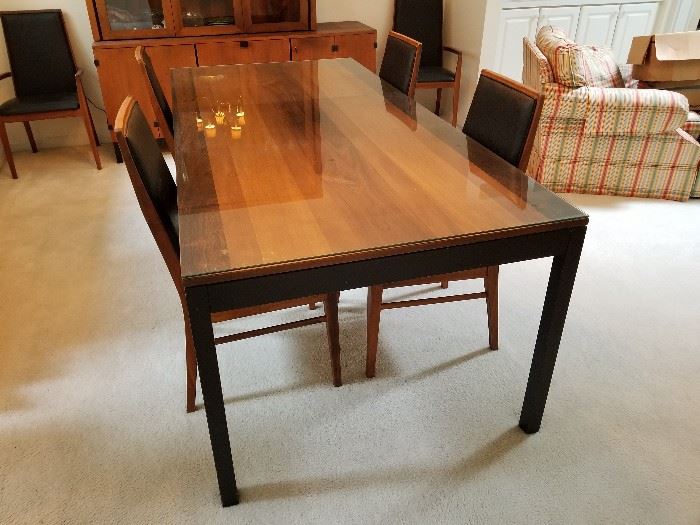 Mid century modern Dillingham Candy stripped Walnut Dining room table, 6 chairs and leaf