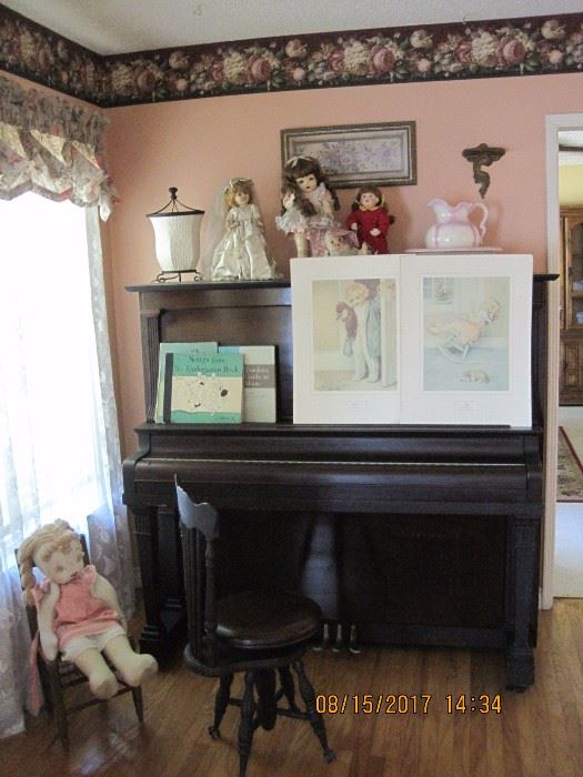 Upright Piano, Antique Piano Bench, Vintage Dolls