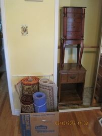 Jewelry Cabinet on top of Nightstand, rugs