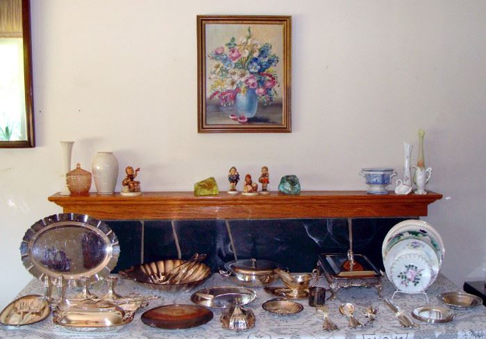 Sterling Silver and Silver plated Serving Pieces and Hollow-ware, Hand-Painted Limoges Plates, 1940's and 1950's Hummel Figurines, Lenox China Vases, J.E. Greenleaf Painting, Pink Depression Glass
