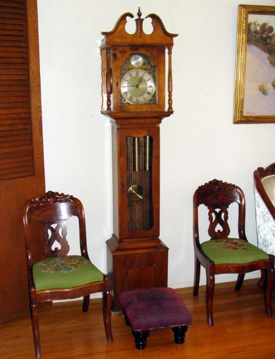 Antique Needlepoint Seat Carved Wood Victorian Side Chairs, Tempus Fugit German Grandmother Clock, Vintage Leather Footstool