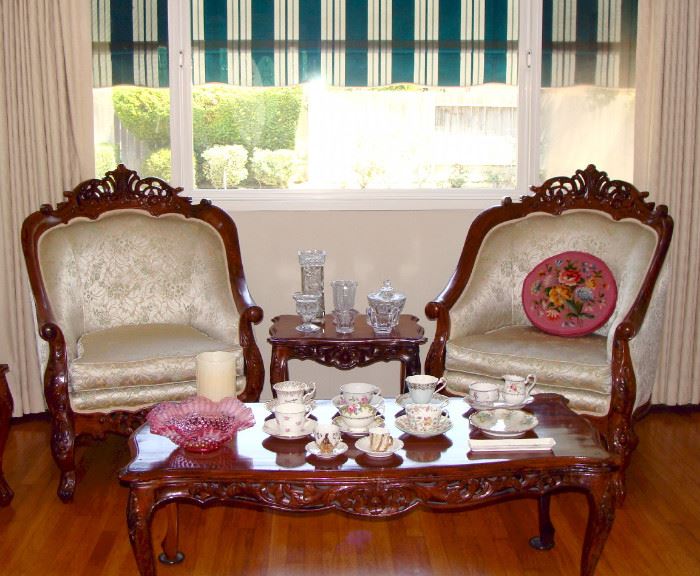 Louis XV style Living Room Suite, Carved Rococo Style Coffee and End Tables, Vintage Tea Cup & Saucer sets, Fenton Opalescent Cranberry Hobnail Ruffle Bowl, Crystal Vases, Bowls Candy Dishes, Vintage Needlepoint Pillow
