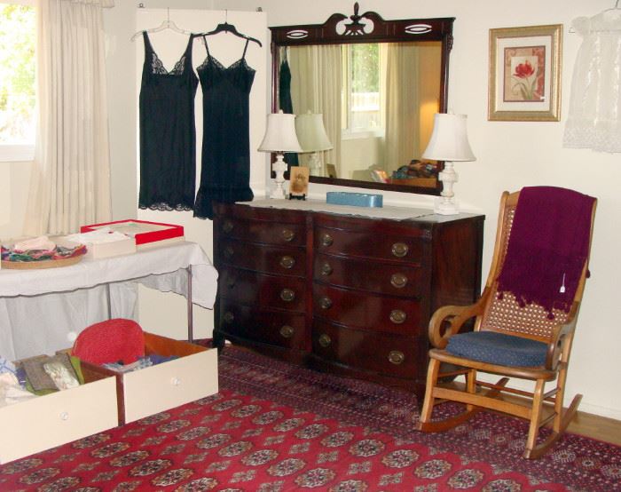 Vintage Sheraton style 1940's dresser and mirror, vintage cane seat & back rocking chair, vintage slips, lingerie, large vintage Persian rug - 12' x 9'