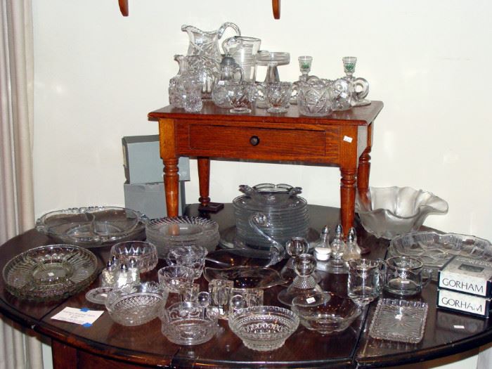 Antique Drop-leaf Dining Table, Gorham Crystal, Crystal Cream and Sugar sets, Crystal Bowls, Platters, Candy Dishes, Orrefors, Candlesticks