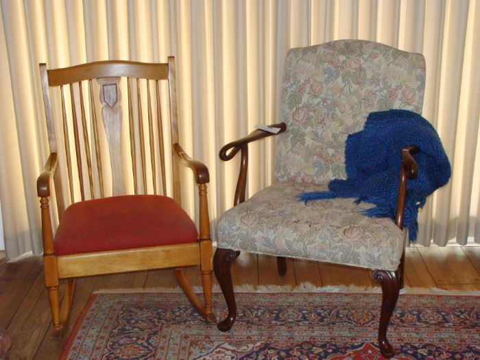 Antique Rocking Chair w Shield Back, Upholstered vintage Arm Chair, Vintage Afghans, Persian Rug